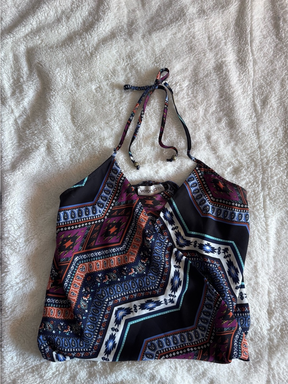 Veronicam Black Halter with Purple, Teal, Orange & Gold Pattern